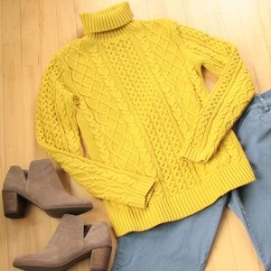 Lands End Chunky Cable Knit Sweater Mustard Yellow